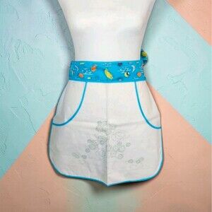 Vintage 1960s Waist Apron Cotton Embroidery Transfer MCM Kitchen Print Cottage